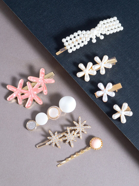 

Golden Peacock Women White & Pink Set Of 8 Embellished Hair Accessory Set