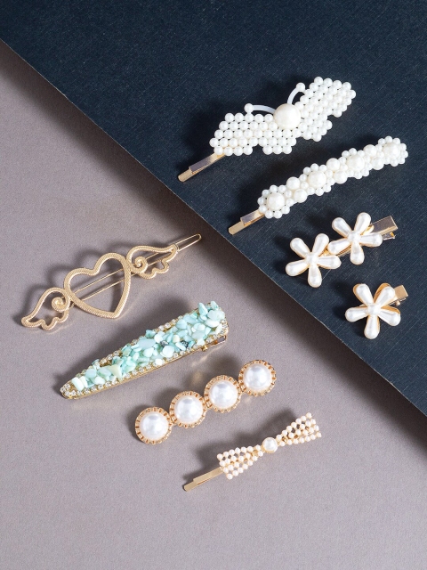

Golden Peacock Women Set Of 8 Gold-Toned & White Embellished Bobby Pins