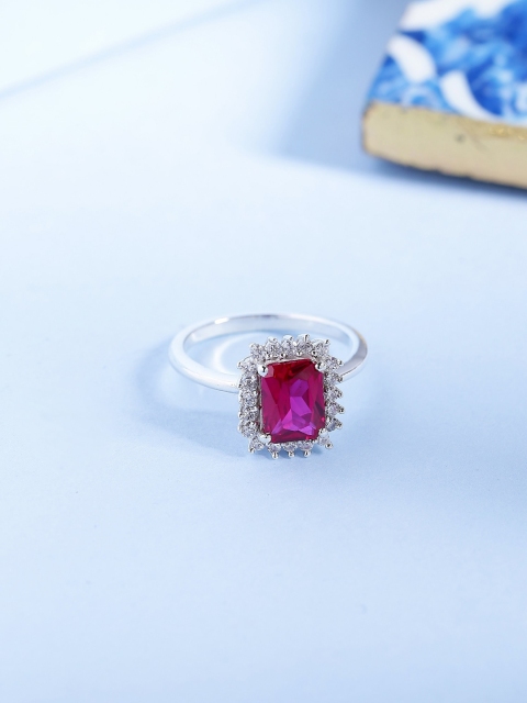 

Hiara Jewels Silver-Plated White & Magenta CZ-Studded Finger Ring