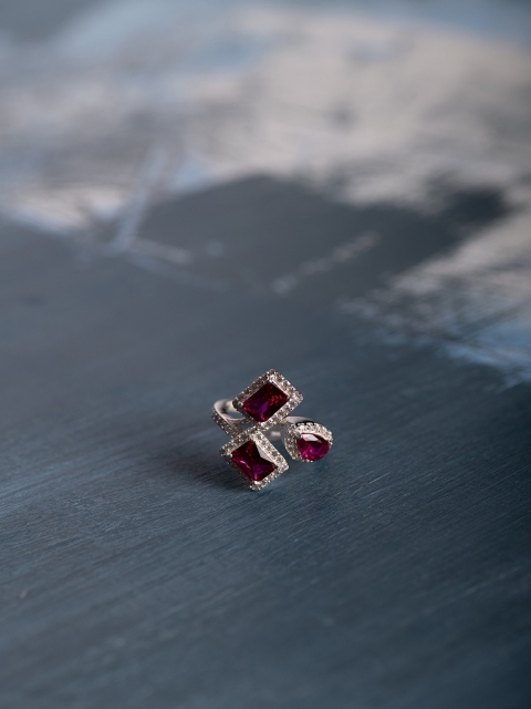 

Hiara Jewels Sterling Silver-Plated Red & White CZ Studded Finger Ring