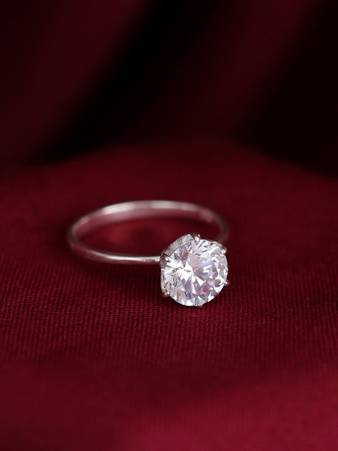 

Hiara Jewels 925 Sterling Silver & Silver-Plated White CZ-Studded Solitaire Finger Ring
