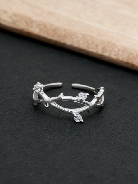 

Hiara Jewels 925 Sterling Silver-Plated White CZ-Studded Adjustable Finger Ring