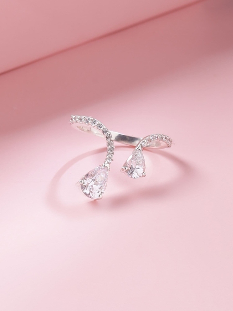 

Hiara Jewels 925 Sterling Silver-Plated White CZ-Studded Adjustable Finger Ring