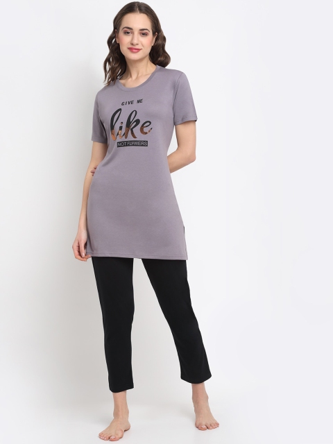 

Kanvin Women Grey & Black Printed Night suit