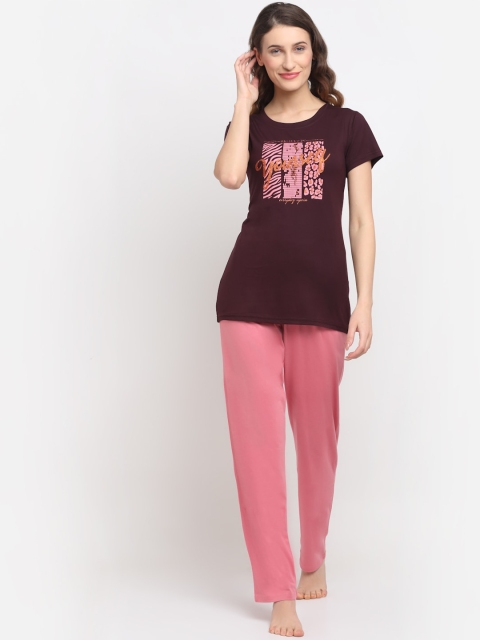 

Kanvin Women Pink & Burgundy Printed Night suit