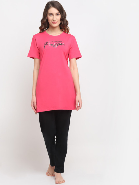 

Kanvin Women Pink Printed Longline Night Suit