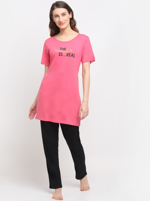 

Kanvin Women Pink Printed Longline Night Suit