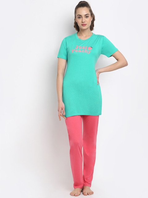 

Kanvin Women Orange & Green Printed Night suit
