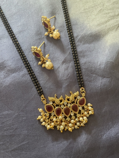 

Digital Dress Room Gold-Plated & Black Beaded Studded Mangalsutra With Earrings