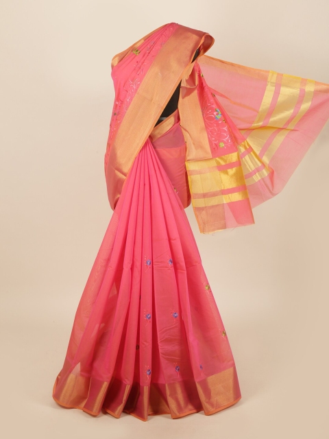 

Pothys Pink & Gold-Toned Floral Silk Cotton Saree