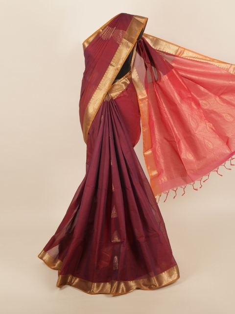 

Pothys Maroon & Golden Ethnic Motifs Cotton Blend Saree