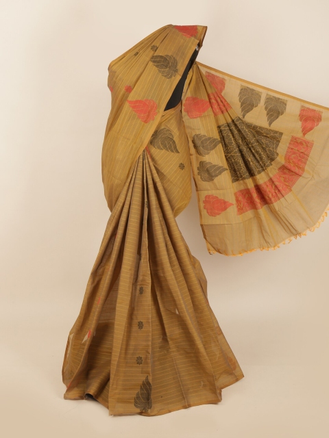 

Pothys Tan & Orange Ethnic Motifs Cotton Blend Saree