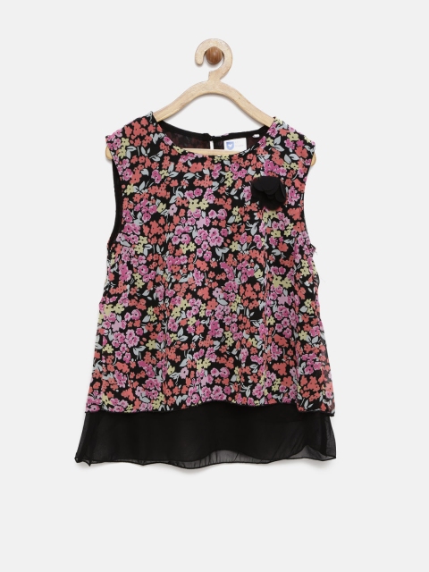

612 league Girls Black Printed A-Line Top