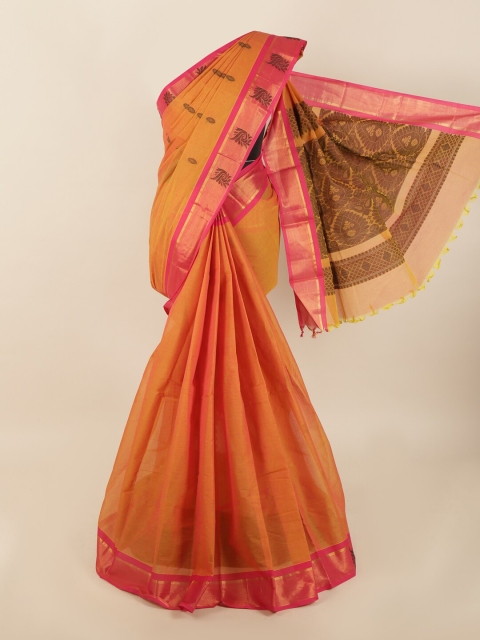 

Pothys Orange & Pink Ethnic Motifs Cotton Blend Zari Saree