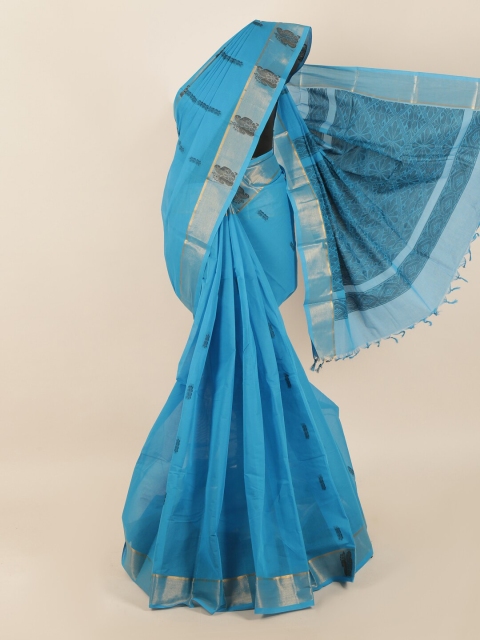 

Pothys Blue & Gold-Toned Floral Zari Saree