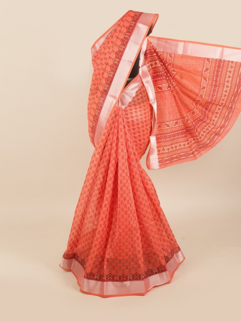 

Pothys Orange & Silver-Toned Geometric Zari Saree