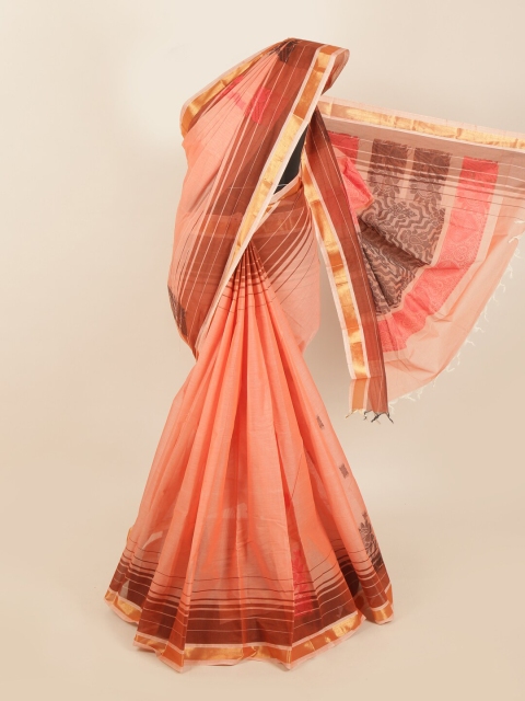 

Pothys Peach-Coloured & Gold-Toned Cotton Blend Zari Saree