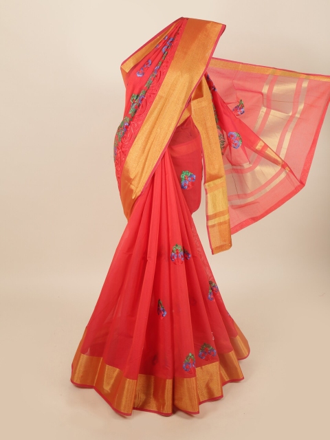 

Pothys Pink & Gold-Toned Floral Embroidered Zari Silk Cotton Saree