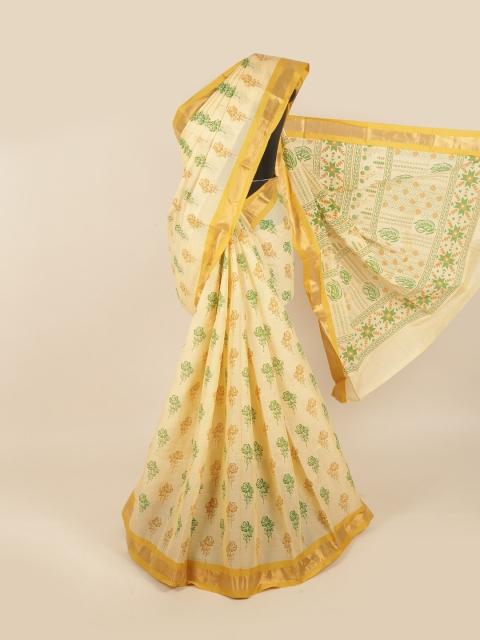 

Pothys Yellow & Green Floral Cotton Blend Saree