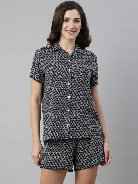 

Enamor Women Navy Blue & White Printed Night suit