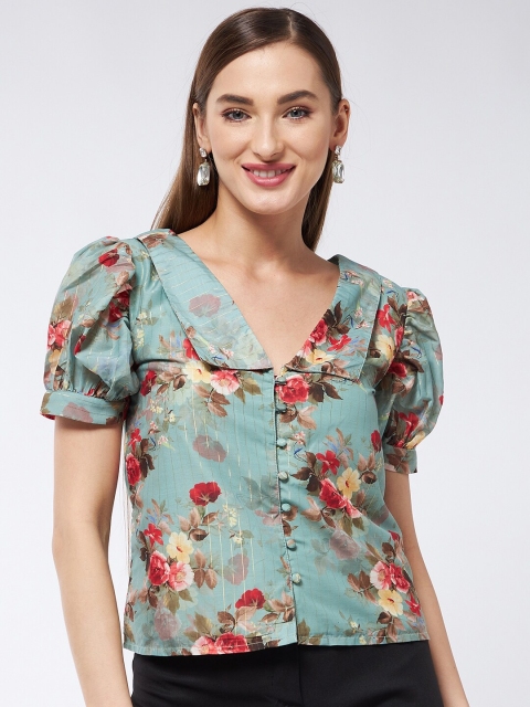 

MAGRE Mint Green & Red Floral Print Puff Sleeves Shirt Style Top