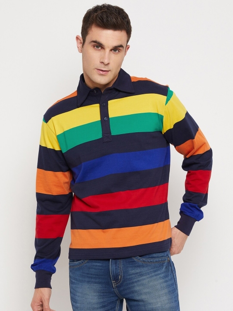 

FUGAZEE Men Multicoloured Striped Polo Collar Pure Cotton T-shirt, Multi