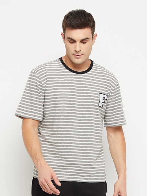

FUGAZEE Men Grey Striped Pure Cotton Boxy T-shirt