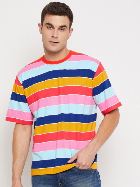 

FUGAZEE Men Multicoloured Striped Boxy Cotton Round Neck T-shirt, Multi