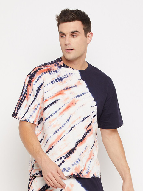 

FUGAZEE Men Navy Blue & White Tie and Dye Printed Pure Cotton Boxy T-shirt