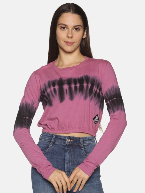 

OHA BOY Women Purple & Black Tie & Dye Printed Slim Fit Pure Cotton Crop T-shirt