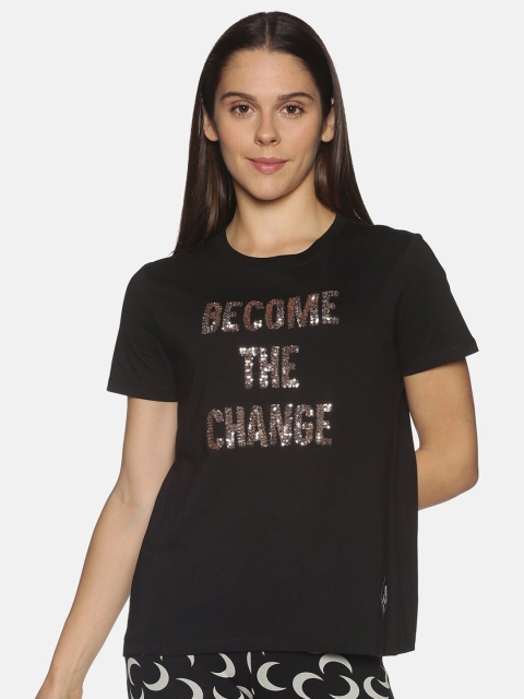 

OHA BOY Women Black Sequined Typography Embellished Cotton Slim Fit T-shirt