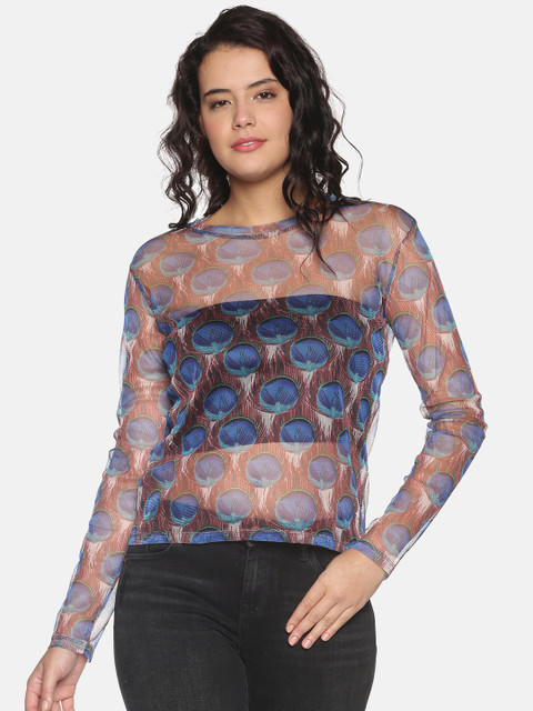 

OHA BOY Women Blue Printed Extended Sleeves Slim Fit T-shirt