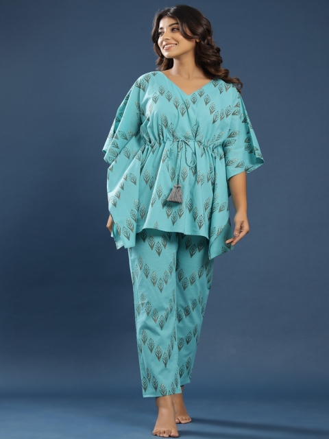 

KALINI Women Turquoise Blue & Grey Printed Cotton Night suit