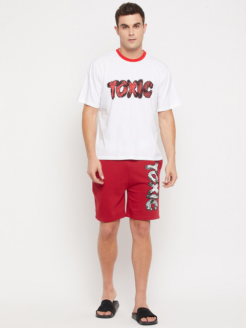 

FUGAZEE Men Red & White Printed Oversized Cotton T-shirt with Shorts