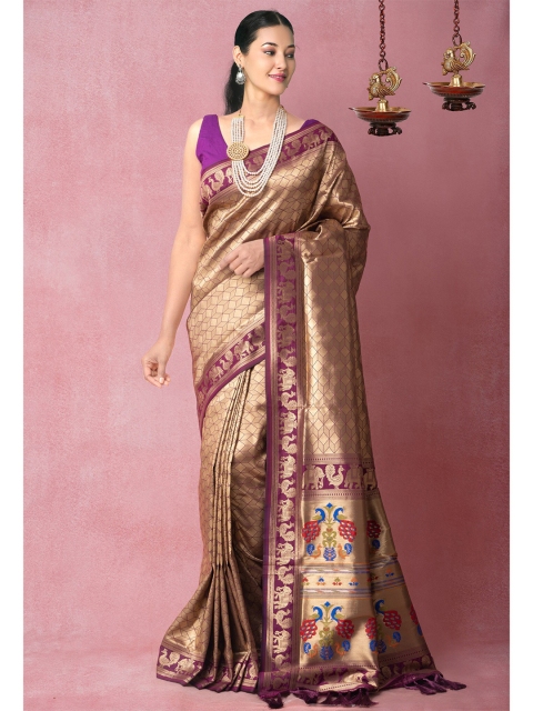 

Unnati Silks Gold-Toned & Purple Woven Design Zari Silk Blend Banarasi Saree