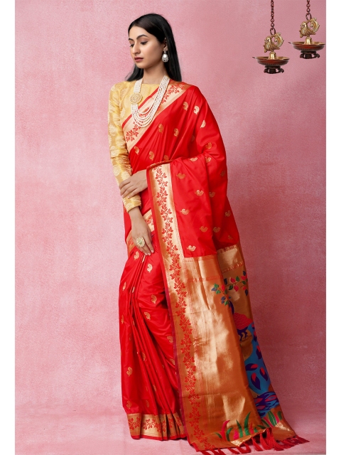 

Unnati Silks Red & Gold-Toned Woven Design Zari Silk Blend Banarasi Saree