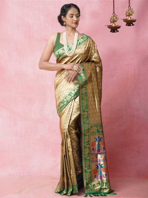 

Unnati Silks Green & Gold-Toned Woven Design Zari Silk Blend Banarasi Saree