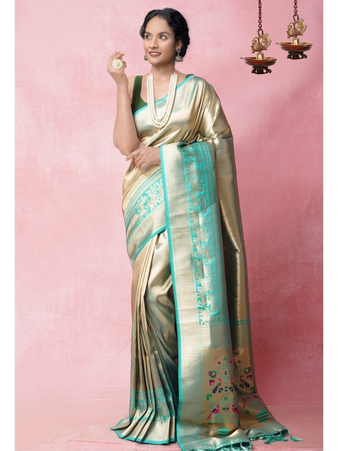 

Unnati Silks Gold-Toned & Green Woven Design Zari Silk Blend Banarasi Saree