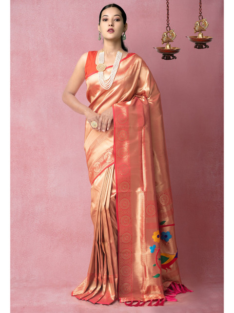 

Unnati Silks Golden & Red Woven Design Zari Silk Blend Banarasi Saree, Gold