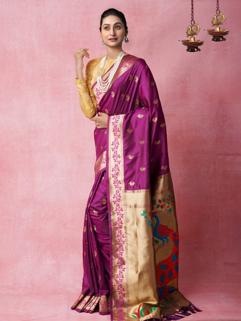 

Unnati Silks Pink & Gold-Toned Woven Design Zari Silk Blend Banarasi Saree