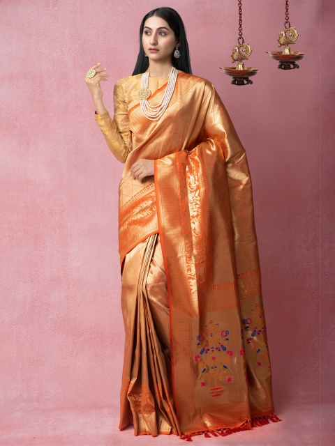 

Unnati Silks Orange & Blue Woven Design Zari Silk Blend Banarasi Saree