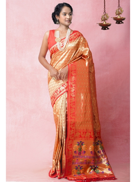 

Unnati Silks Orange & Gold-Toned Woven Design Banarasi Silk Saree