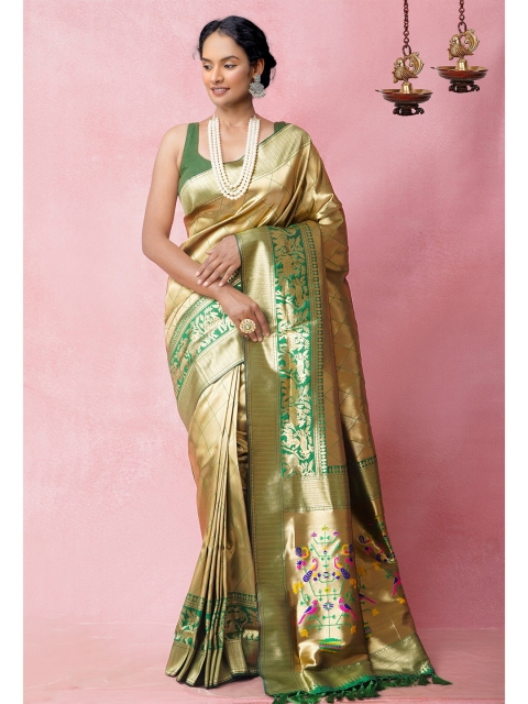 

Unnati Silks Green & Golden Woven Design Zari Silk Blend Banarasi Saree