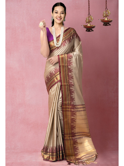 

Unnati Silks Cream-Coloured & Brown Woven Design Zari Silk Blend Banarasi Saree