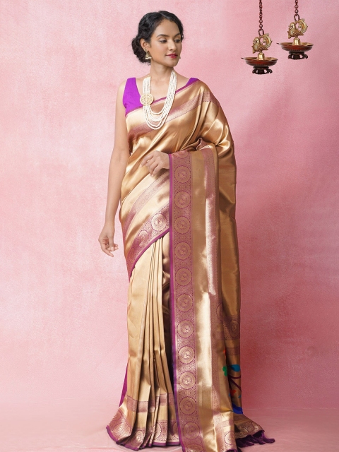 

Unnati Silks Gold-Toned & Purple Ethnic Motifs Zari Silk Blend Banarasi Saree