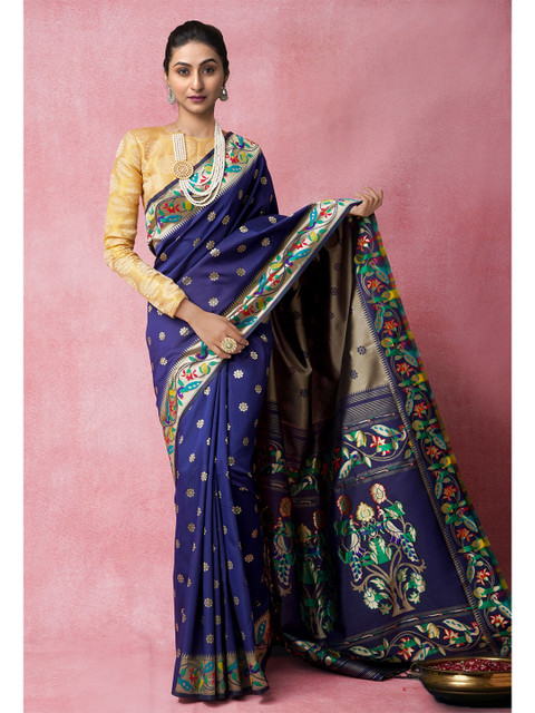 

Unnati Silks Navy Blue & White Woven Design Banarasi Silk Saree