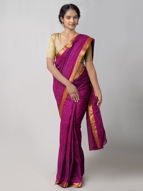 

Unnati Silks Pink & Purple Ethnic Motifs Zari Pure Cotton Block Print Saree