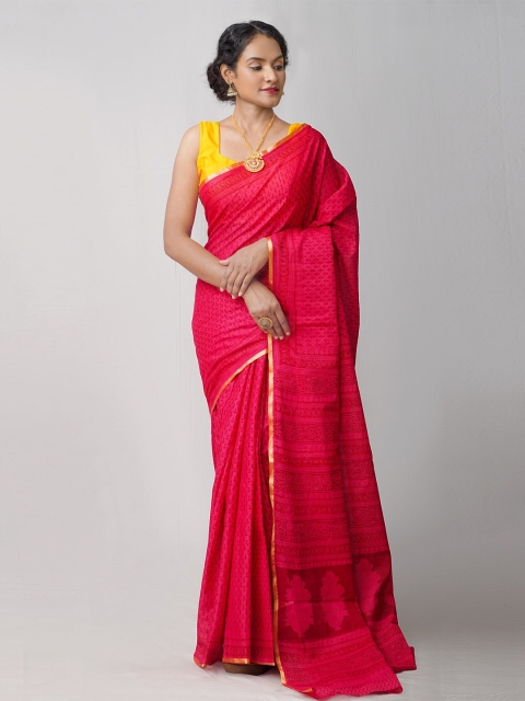 

Unnati Silks Pink & Golden Ethnic Motifs Mulmul Cotton Block Print Saree
