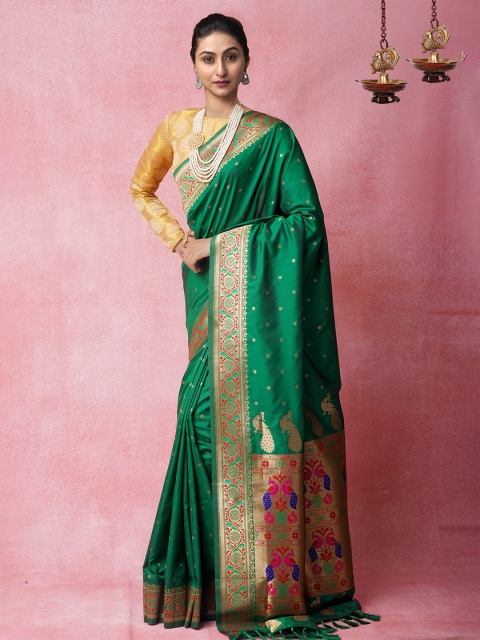 

Unnati Silks Green & Red Woven Design Zari Silk Blend Banarasi Saree