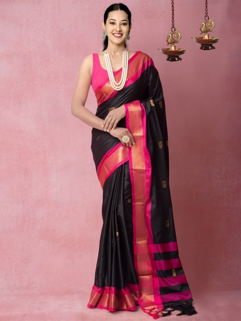 

Unnati Silks Black & Pink Ethnic Motifs Zari Silk Blend Banarasi Saree
